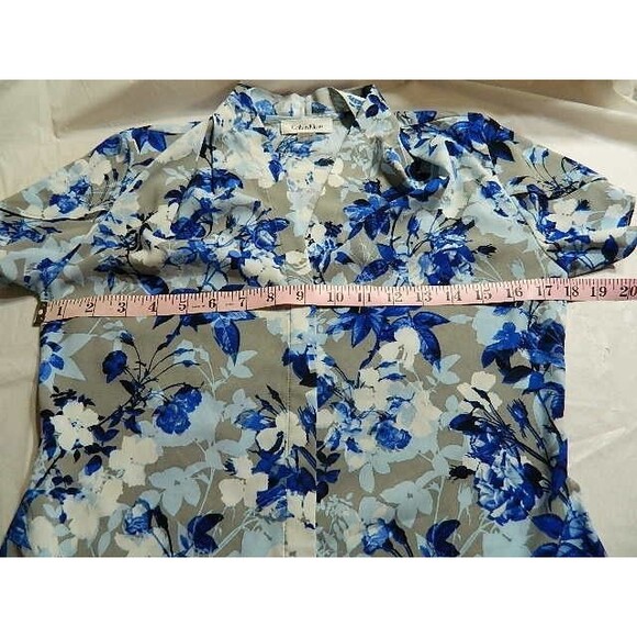 Calvin Klein Womens Blouse Size XS Blue & Gray Floral with Petal Sleeves - Picture 12 of 15